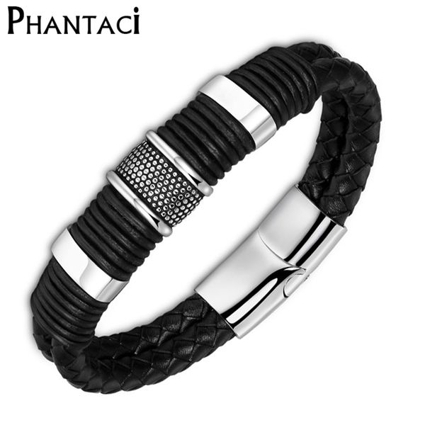 Bracelet enroulé en cuir véritable de vache noire pour hommes, ne se décolore pas, en titane et en acier inoxydable, aimant tressé, corde, chaîne, Bracelet à breloques Cool