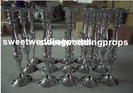 Geen bloemen, inclusief) Sliver Gold Mental Iron) Crystal Beaded Pillar Candle Holder / Acrylic Crystal Wedding Centice Piece / Table Candlesticks
