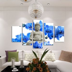 Grand fond d'orchidée sans cadre, 5 panneaux, peinture de bouddha, toile Fengshui, images murales d'art pour salon, décoration de la maison, 2039