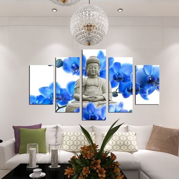 Grand fond d'orchidée sans cadre, 5 panneaux, peinture de bouddha, toile Fengshui, images murales d'art pour salon, décoration de la maison, 292r