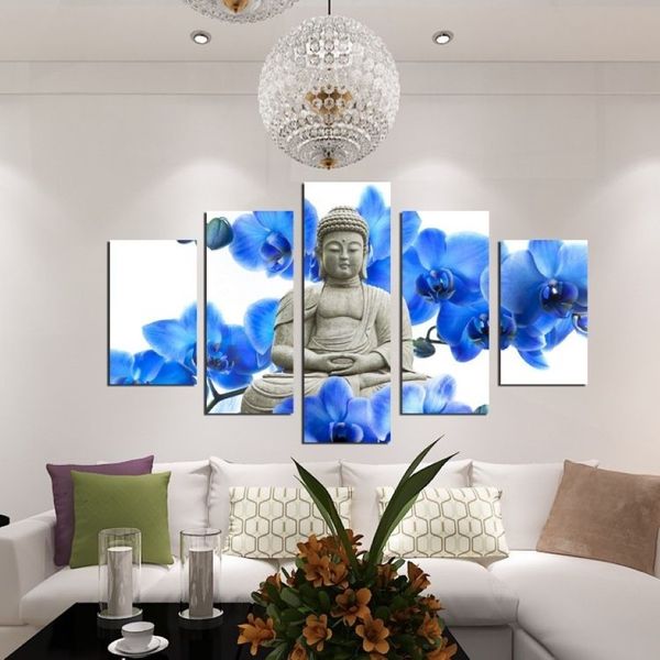 Grand fond d'orchidée sans cadre, 5 panneaux, peinture de bouddha, toile Fengshui, images murales d'art pour salon, décoration de la maison, 2695
