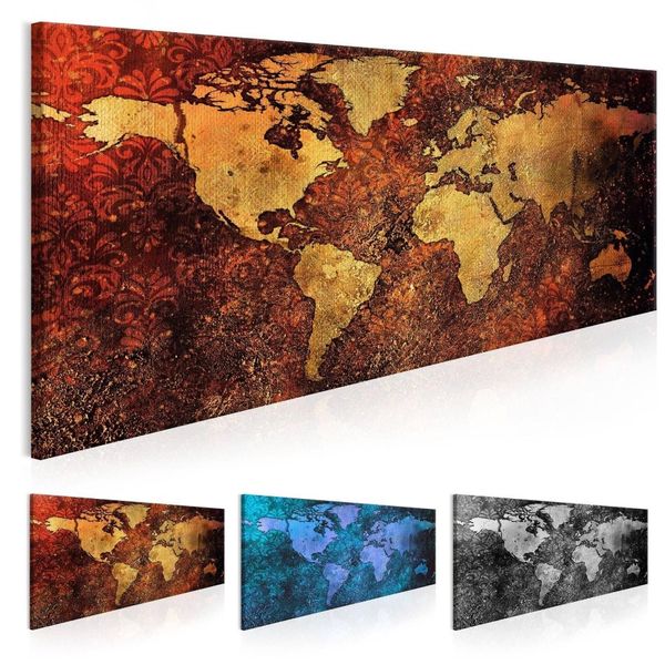 Decoración del mapa del mundo sin marco, pintura al óleo, lienzo, imagen de mapa artístico para decoración de pared del hogar, imagen artística Multicolor243Z