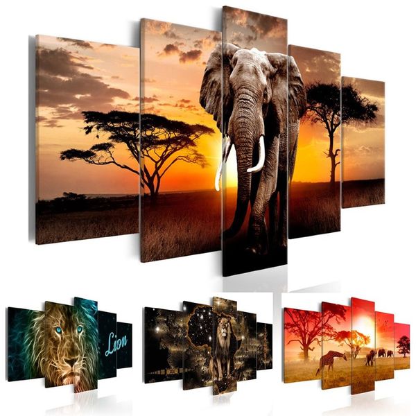 No frame5panel Animal Painting Pictures Imprimé sur la toile décor de mur d'art Home Wall Art Image Couleur Girafe Lion Elephant304J
