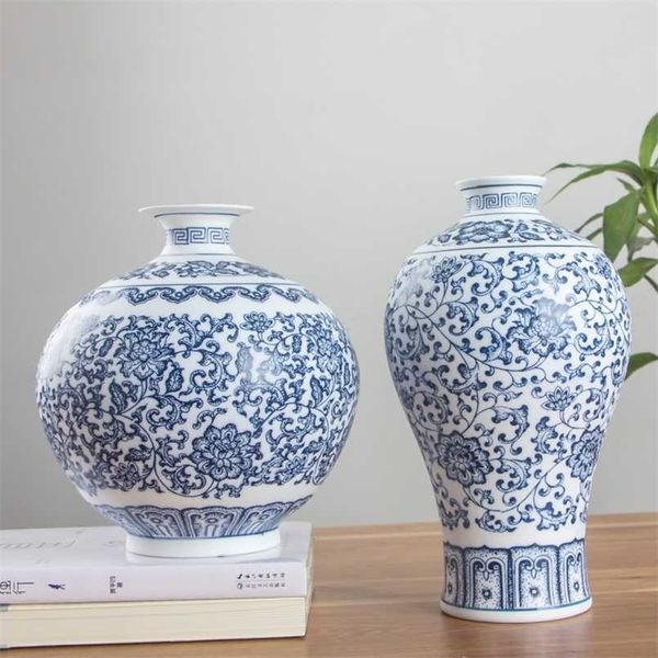 Vases en porcelaine bleue et blanche non émaillés Verrouillage Lotus Design Fleur Vase en céramique Décoration de la maison Jingdezhen Vases à fleurs 211103