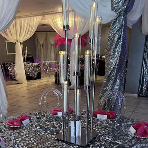 Pas de lumière, pas de bougie) Lustre de luxe Led éclairage de plafond pièce maîtresse colonne géométrique grand ruban support de fleur de mariage Vase porte-bougie centres de table