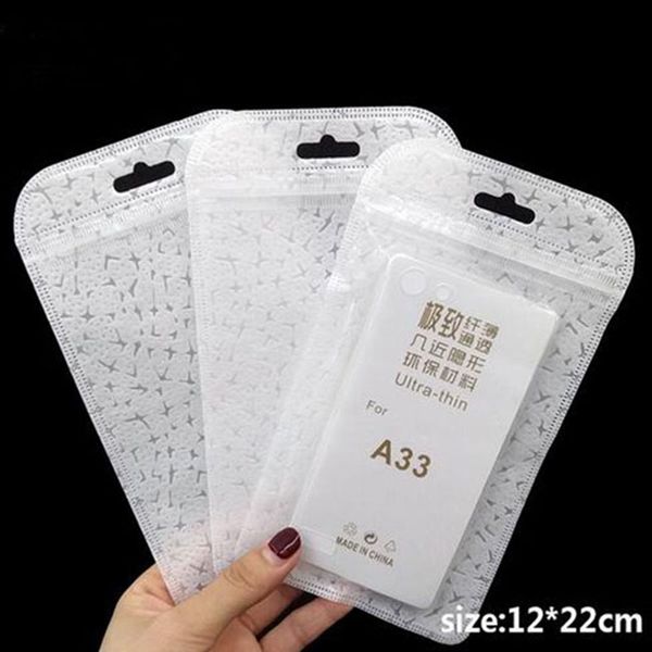 Sin impresión 12 * 22 cm Bolsa de plástico con cierre de cremallera para Samsung Hauwei Cubierta de la caja del teléfono móvil Paquete suave Bolsas Pantalla Bolsa transparente blanca