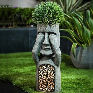 No SeeHearSpeak Evil Garden Paaseiland Standbeeld Bloempot met LED-lichtsculptuur Plantenbak Buitentuin Patio Decoratie 240328