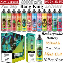 Bang King 6000 Puffs Jetable E Cigarettes 14ML Mesh Coil Pod Vape Pen 0% 2% 3% 5% 12 Couleurs Puff 6000 Vapes E Cigs 850mah Batterie Rechargeable