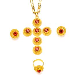 Noble 24 k Solid Fine Gold Filled boucles d'oreilles anneau Croix Pendentif à grande échelle Chaîne Sélectionner Ensembles de Bijoux rouge rubis semi-précieux