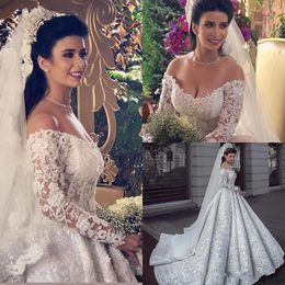 Vestidos de novia de encaje árabe Dubái 2021 línea A mangas largas lentejuelas rebordear apliques vestido de novia vestidos de novia de talla grande