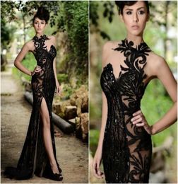 Nobele zwarte mode slanke galajurken van hoge kwaliteit pailletten hoge ronde hals formele jurken sexy zijsplit doorzichtige avondjurken5550878