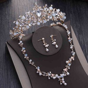 Noble Crystal Beads Pearl Gold Bridal Sets Rhinestone Diadem Tiaras Ketting Oorbellen Barokke Kroon Bruiloft Sieraden Set