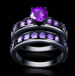 Ensemble d'anneaux de couple ronds en Zircon pour femmes, strass de couleur violette Noble, alliance de mariage remplie d'or noir 18 carats, 2645345