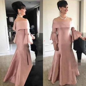 Edel satijn off-shoulder plus size moeder formele kleding stoffige roze avondfeest bruiloft gast jurk moeder van de bruid jurk