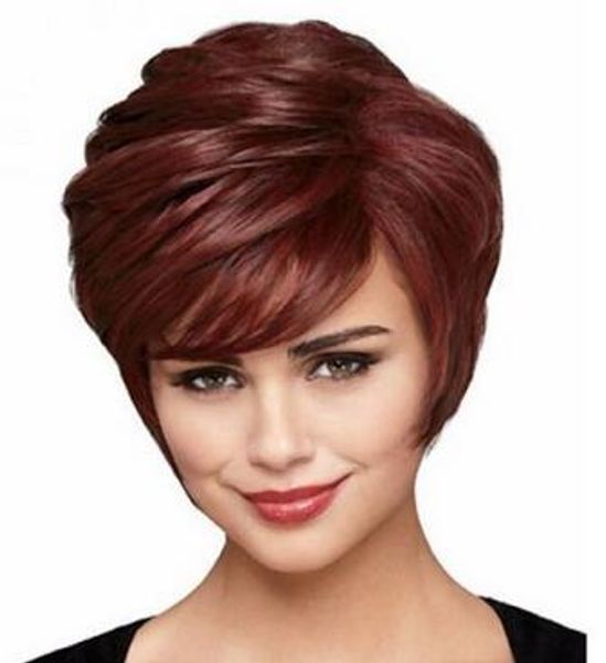 Noble Corto Recto Esponjoso Elegante Vino Sintético Rojo Mezclado Peluca Sin Tapa Cabello