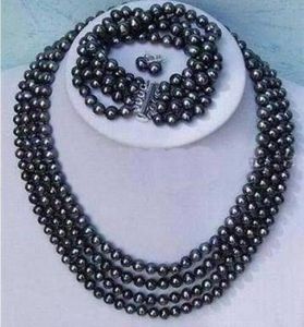 ENVÍO GRATIS Noblest 4rows 6-7mm collar de perlas negras pulsera pendientes conjuntos BV172 (A0423)