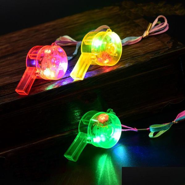 Fabricante de ruido Silbato brillante Intermitente Colorf Cordón LED Iluminado Diversión en la fiesta oscura Rave Kids Juguete Gadgets divertidos con caja de regalo Dro DHQKB