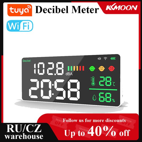 Medidores de ruido Tuya Wifi Medidor de sonido de decibelios digital Temperatura Humedad Prueba de decibelios Reloj despertador LED Pantalla a color Control de aplicación 230721