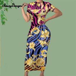 Noisydesigns Lange Bodycon Jurken Voor Vrouwen Elegante Gouden Europa Bloemenprint Bkue Luipaard Luxe Sexy Vestidos Dropship 220627