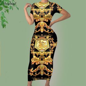 Noisydesigns Luxe Golden Europe Floral Femmes Robe De Soirée De Mode Dames Élégantes Col Rond Sexy Moulante Taille 4XL Dropship 220627