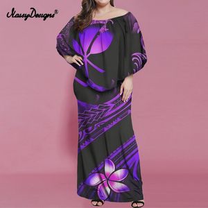 Noisydesigns Purple Women Off Shoulder Ruffles Bodycon Lange jurk voor feest en bruiloft Prom Fashion Hawaii Polynesian Plumeria 220627