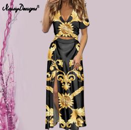 Noisydesigns Zomer Jurk Voor Vrouwen Slit Bandage Vestidos Dames Korte Mouw Sexy Mode Europese Gouden Bloem Dropship 220627