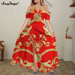 Noisydesigns Femmes Hors Épaule Maxi Boho Split Longue Robe Volants Parti Robe Rouge Bleu Doré Floral Largo Verano Mujer 220627