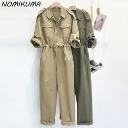 Nomikuma 2023 Herfst Safari -stijl Women Jumpsuits Darwstring Slim Taille Lange Mouw Turn Down Collar Cargo Pants Bodysuits 231222
