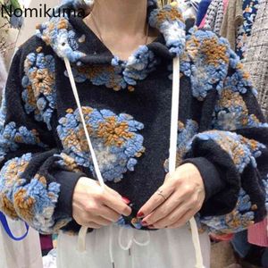 Nomikuma 3D bloemen Dames Hooded Pullover Sweatshirt Causale Lange Mouw Vrouwen Jumper Herfst Winter Hoodies Top Femme 6D562 210427