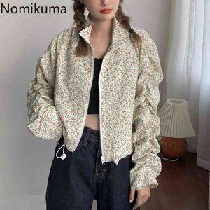 Nomikuma Arrivée Vestes imprimées florales Femmes Stand Collier Manches à manches longues Tops Zip Up Opin Oreillers Ropa Mujer 210514