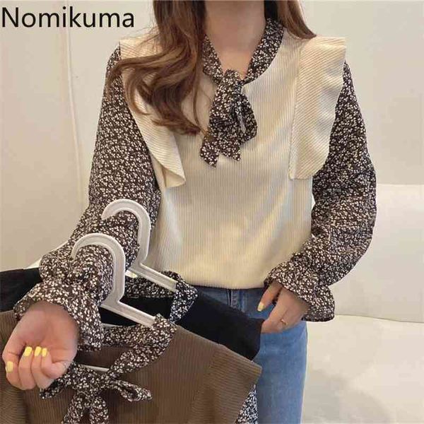 Nomikuma otoño coreano chic camisas mujeres falso dos piezas pajarita cuello manga larga tops punto patchwork vintage blusa 210401