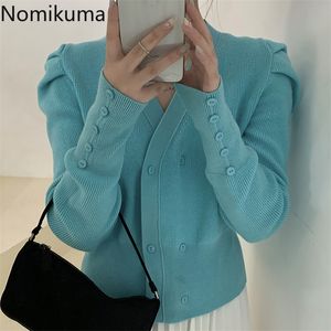 Nomikuma herfst nieuwe dames gebreide jas Korean puff lange mouw v-neck slank kort gebreide vest trui jas 6C490 210204