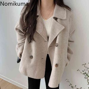 Nomikuma herfst winter vrouwen wollen jas Koreaanse dubbele breasted turn-down kraag jas lange mouw nieuwe bovenkleding 6D008 210427