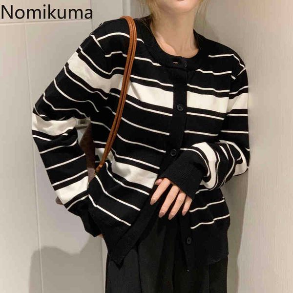 Nomikuma noir blanc rayé tricots manteau automne à manches longues col rond tricoté Cardigan coréen casual femmes pull 6C995 210427