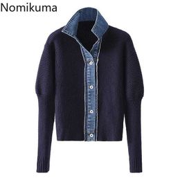 Nomikuma-vest trui vrouwen herfst winter knitwear Koreaanse demin patchwork gebreide jas turn-down kraag jas 6D340 210922