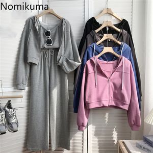 Nomikuma Causale 3Pieces Vrouwen Spring Sets Hooded Sweatshirt Vest + Sling Vest + Hoge Taille Wide Poot Long Pants Suits 6F041 210427