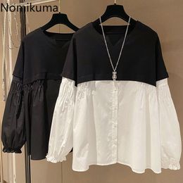 Nomikuma Causale Patchwork Doll Shirt Koreaanse Hit Kleur O-hals Blouses Lente Nieuwe Puff Sleeve Blusas Camisas Para Mujer 6G198 210427