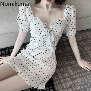 Nomikuma contrast kleur mini jurk vrouwen zomer kleding liefde hart patroon korte mouw jurken slanke taille chique gewaad femme 210514