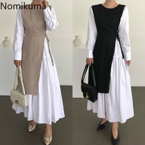 Nomikuma Contraste Couleur Patchwork Maxi Robe Femmes Taille Mince À Lacets À Manches Longues Une Ligne Robes Style Coréen Robe Mujer 3c813 210514