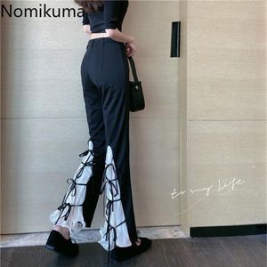 Nomikuma contrast kleur patchwork broek vrouwen bandage lace up casual mode losse broek vrouwelijke chique pantalones 3E389 210514