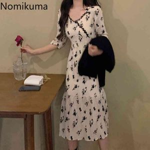 Nomikuma contraste couleur Vintage robe femmes Chic col en V taille mince une ligne robes imprimé fleuri élégant mode Vestidos 210514