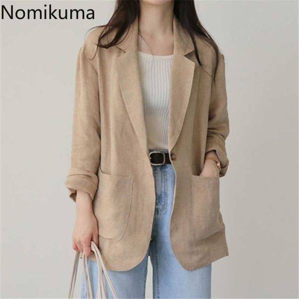 Nomikuma coton lin Blazer femmes 2021 nouveauté Ropa Mujer couleur unie bouton unique à manches longues vestes décontracté tout match X0721