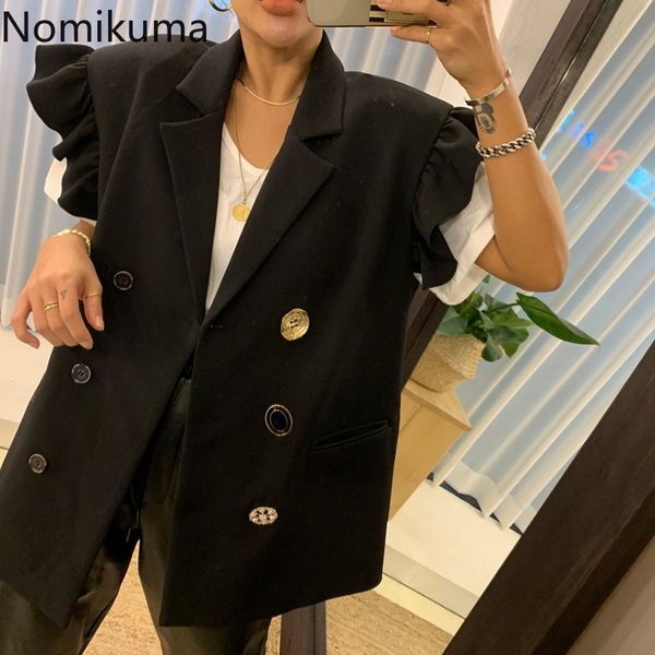 Nomikuma Double boutonnage à volants sans manches Blazer Manteau coréen Causal Col cranté Veste de costume Femmes élégantes Blazers 6D003 201201