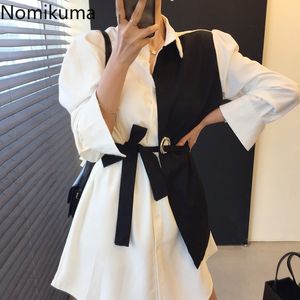 Nomikuma jurken Koreaanse hit kleur patchwork blouses vrouwen jurk strikje slanke taille vestido feminino lente nieuwe 6F789 210427
