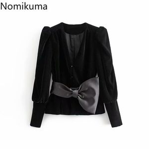 Nomikuma elegante abrigo de terciopelo para mujer Otoño Invierno chaqueta delgada coreana dulce Bowknot Puff manga larga con cuello en V prendas de vestir 6C917 210427