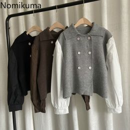 Nomikuma nep twee stukken knitwear jas Koreaanse korte dubbele breasted trui lange mouw patchwork vrouwen gebreide jas 6c825 210427