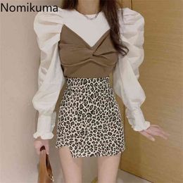Nomikuma mode patchwork dames blouse Korean nep twee stukken blusas femme herfst puff lange mouw shirts 6c611 210401