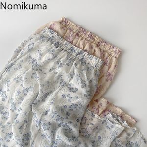 Nomikuma Floral Gedrukt Rok Zomer Jupe Koreaanse Mode Hoge Taille Een lijn Mid Calf Rokken Dames Chique Faldas Mujer 210514