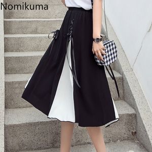 Nomikuma Taille Haute Une Ligne Jupe Femmes Contraste Couleur À Lacets Mi-mollet Jupes Femme Mode Bas Faldas Mujer 3c654 210514