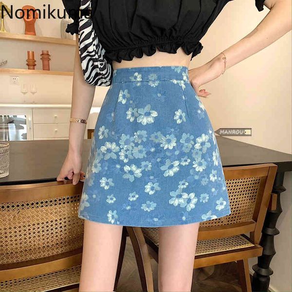 Nomikuma taille haute Denim jupe femmes arrivée imprimé fleuri Vintage Mini jupes femme coréen Streetwear Faldas Mujer 210514